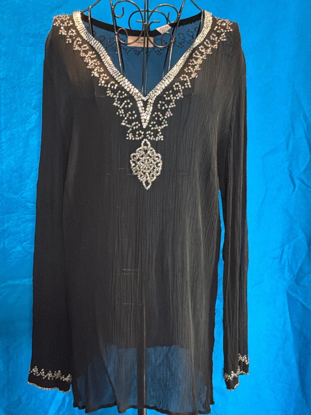 Vintage 100% Silk Beaded Crinkle Chiffon Tunic Top Black Plus Size 1X